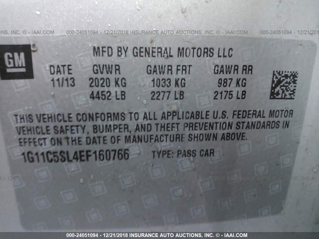 1G11C5SL4EF160766 - 2014 CHEVROLET MALIBU 1LT 银色 照片 9