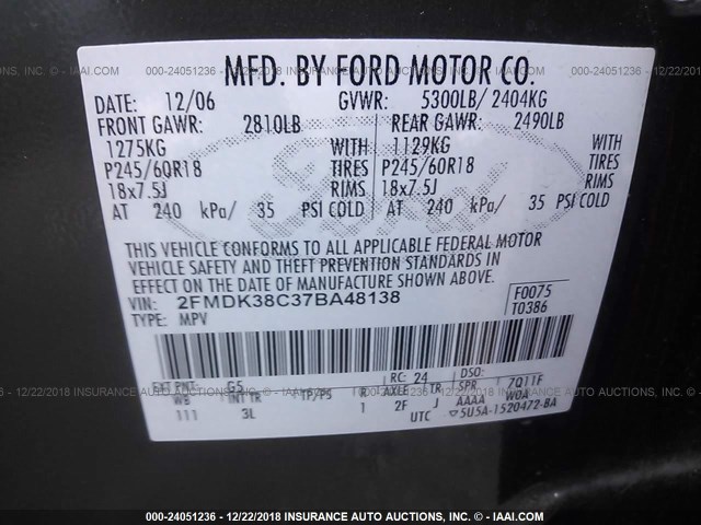 2FMDK38C37BA48138 - 2007 FORD EDGE SEL BLACK photo 9