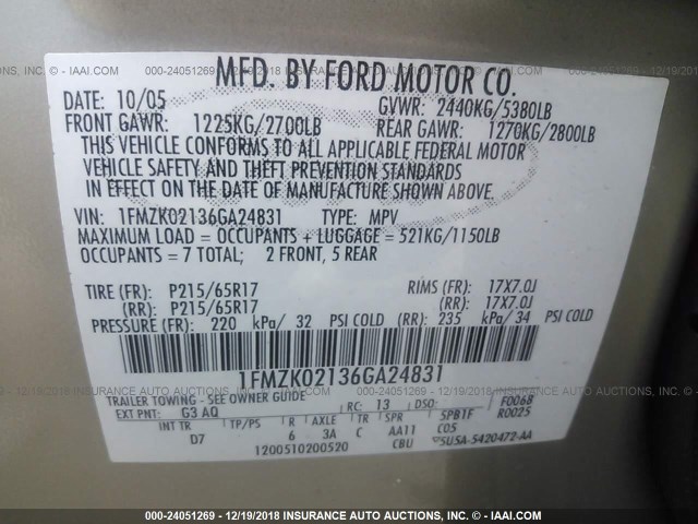 1FMZK02136GA24831 - 2006 FORD FREESTYLE SEL GOLD photo 9