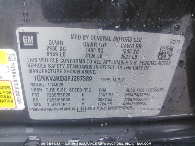 1GNKVJKD3FJ287389 - 2015 CHEVROLET TRAVERSE LTZ GRAY photo 9