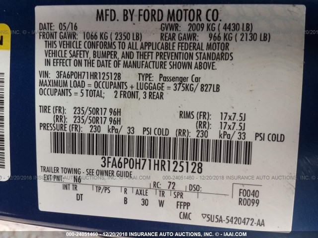 3FA6P0H71HR125128 - 2017 FORD FUSION SE BLUE photo 9