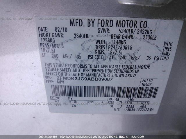 2FMDK3JC9ABB09087 - 2010 FORD EDGE SEL SILVER photo 9