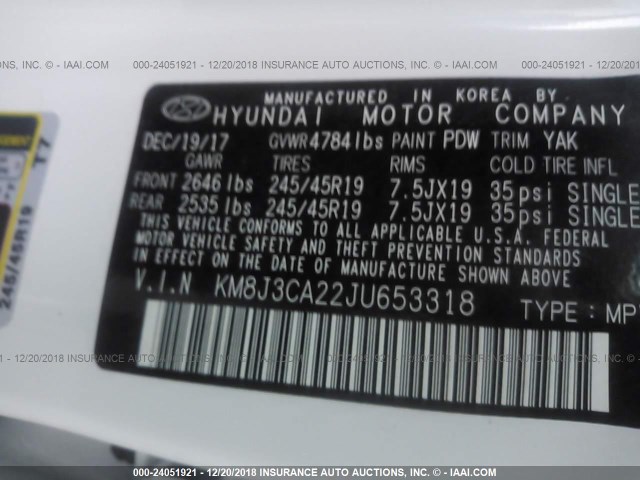 KM8J3CA22JU653318 - 2018 HYUNDAI TUCSON LIMITED/SPORT AND ECO/SE WHITE photo 9