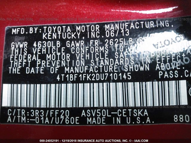 4T1BF1FK2DU710145 - 2013 TOYOTA CAMRY L/SE/LE/XLE Qırmızı foto 9