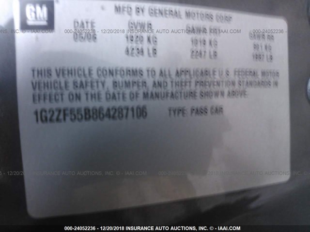 1G2ZF55B864287106 - 2006 PONTIAC G6 SE GRAY photo 9