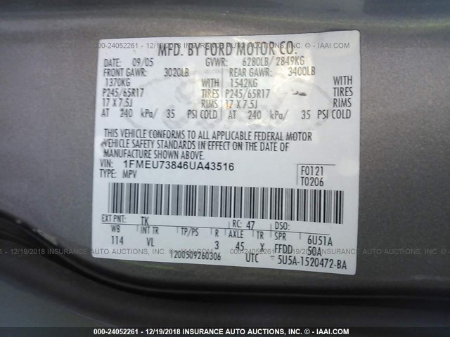 1FMEU73846UA43516 - 2006 FORD EXPLORER XLT GRAY photo 9