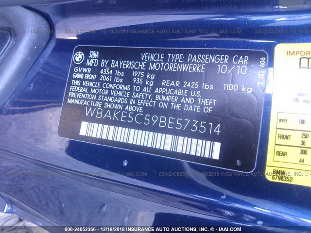WBAKE5C59BE573514 - 2011 BMW 328 I SULEV BLUE photo 9