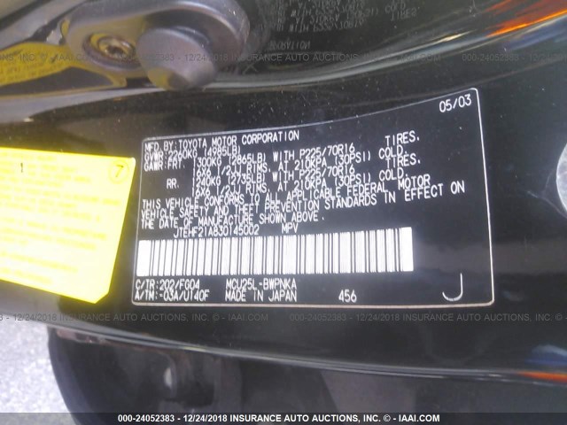 JTEHF21A830145002 - 2003 TOYOTA HIGHLANDER LIMITED BLACK photo 9