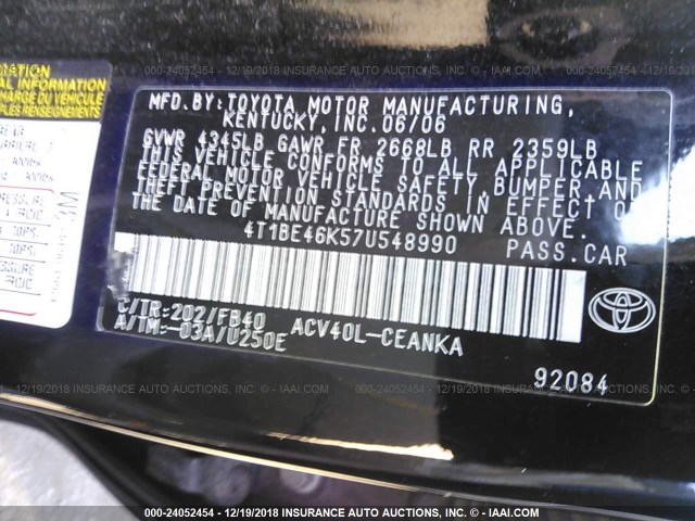 4T1BE46K57U548990 - 2007 TOYOTA CAMRY NEW GENERAT CE/LE/XLE/SE BLACK photo 9