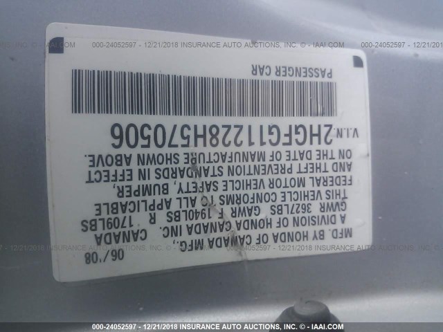 2HGFG11228H570506 - 2008 HONDA CIVIC DX SILVER photo 9