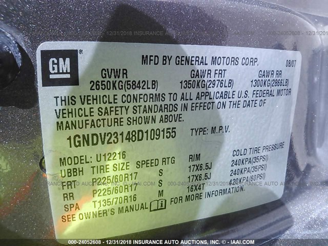 1GNDV23148D109155 - 2008 CHEVROLET UPLANDER LS BROWN photo 9