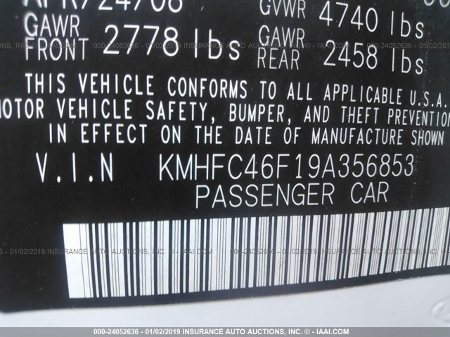 KMHFC46F19A356853 - 2009 HYUNDAI AZERA SE/LIMITED WHITE photo 9