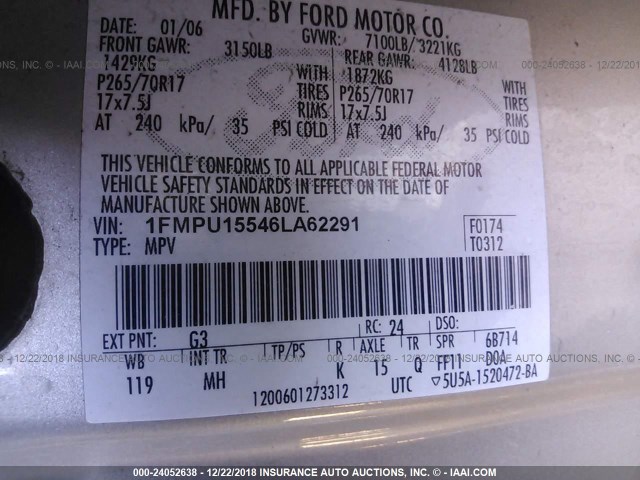 1FMPU15546LA62291 - 2006 FORD EXPEDITION XLT GOLD photo 9