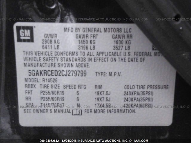 5GAKRCED2CJ279799 - 2012 BUICK ENCLAVE BLACK photo 9