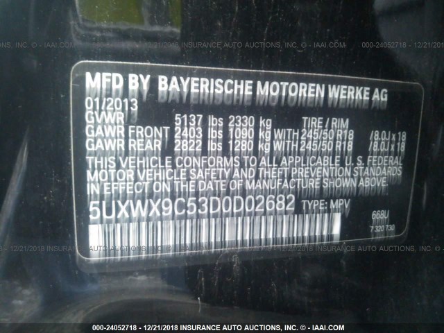 5UXWX9C53D0D02682 - 2013 BMW X3 XDRIVE28I BLACK photo 9