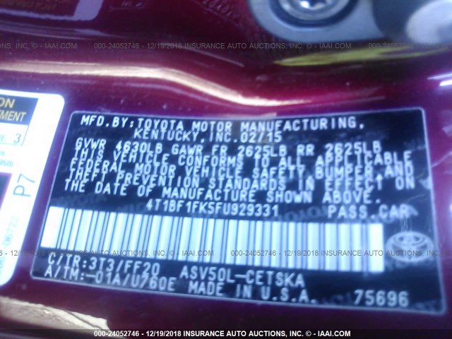 4T1BF1FK5FU929331 - 2015 TOYOTA CAMRY LE/XLE/SE/XSE RED photo 9