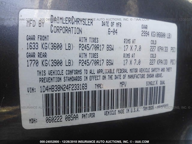 1D4HB38N24F233169 - 2004 DODGE DURANGO ST GRAY photo 9