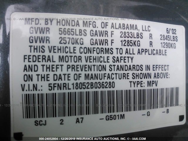 5FNRL18052B036280 - 2002 HONDA ODYSSEY EXL GRAY photo 9