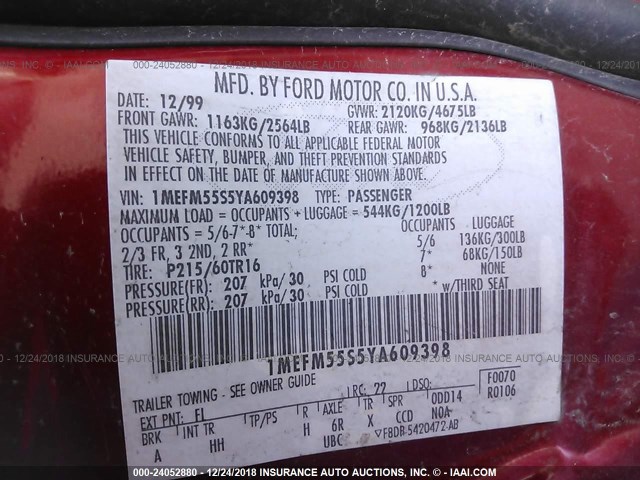 1MEFM55S5YA609398 - 2000 MERCURY SABLE LS PREMIUM RED photo 9