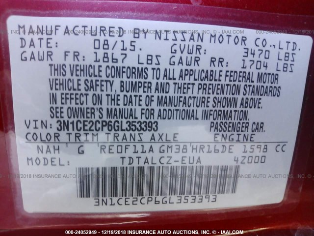 3N1CE2CP6GL353393 - 2016 NISSAN VERSA NOTE S/S PLUS/SV/SL/SR RED photo 9