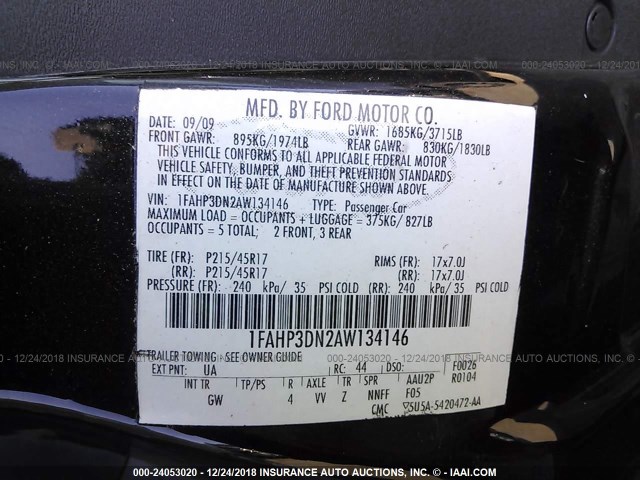 1FAHP3DN2AW134146 - 2010 FORD FOCUS SES BLACK photo 9