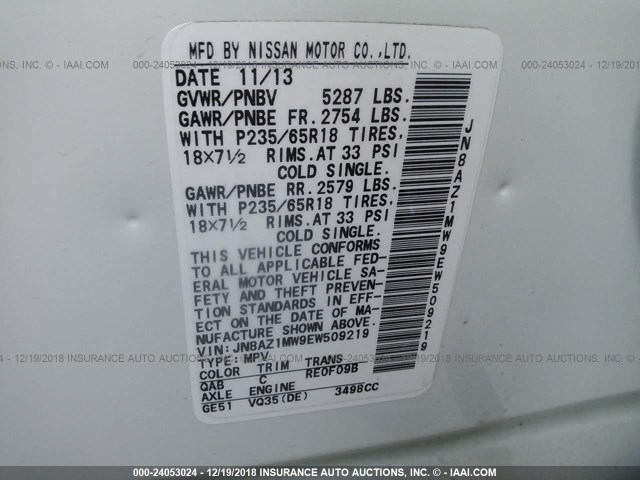 JN8AZ1MW9EW509219 - 2014 NISSAN Murano S/SL/SV/LE WHITE photo 9