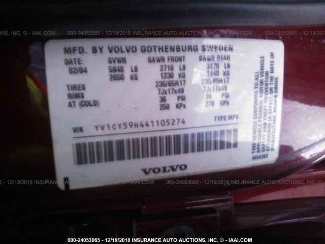 YV1CY59H441105274 - 2004 VOLVO XC90 RED photo 9