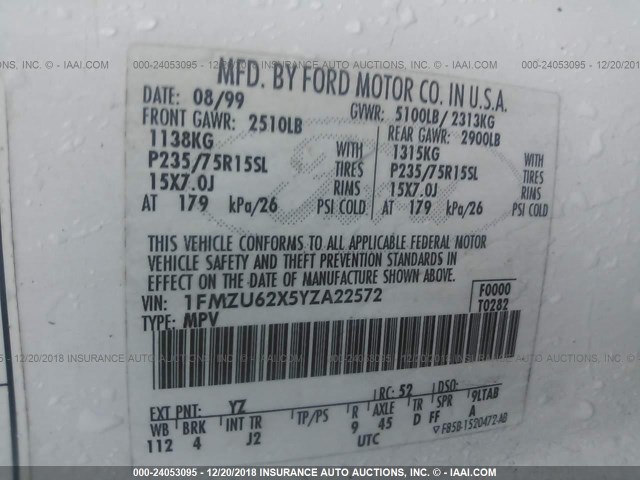 1FMZU62X5YZA22572 - 2000 FORD EXPLORER XLS WHITE photo 9