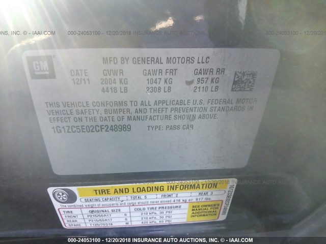 1G1ZC5E02CF248989 - 2012 CHEVROLET MALIBU 1LT 灰色 照片 9