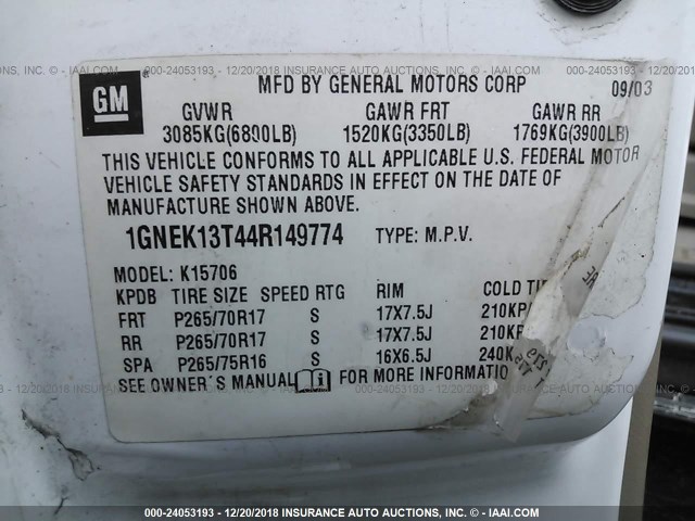 1GNEK13T44R149774 - 2004 CHEVROLET TAHOE K1500 WHITE photo 9