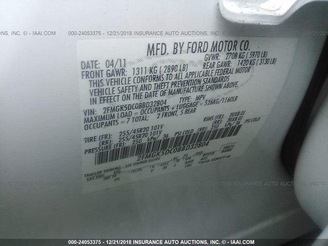 2FMGK5DC0BBD32804 - 2011 FORD FLEX LIMITED WHITE photo 9