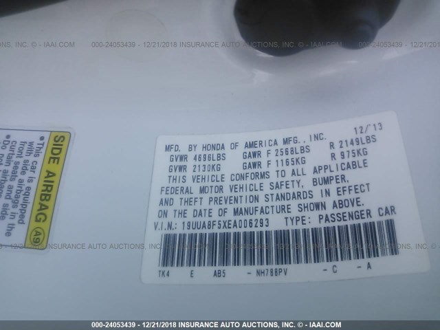 19UUA8F5XEA006293 - 2014 ACURA TL TECH WHITE photo 9