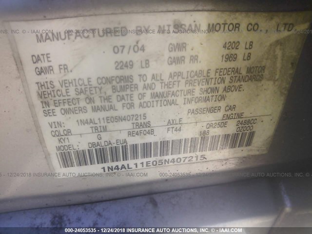 1N4AL11E05N407215 - 2005 NISSAN ALTIMA S/SL SILVER photo 9