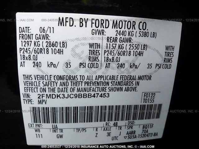 2FMDK3JC9BBB47453 - 2011 FORD EDGE SEL BLACK photo 9