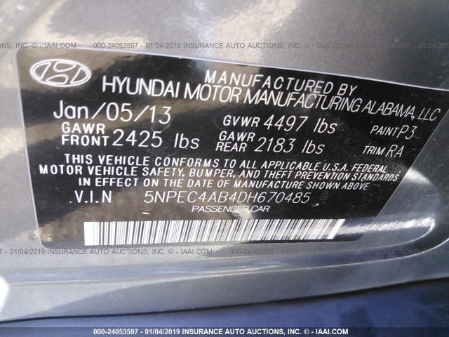 5NPEC4AB4DH670485 - 2013 HYUNDAI SONATA SE/LIMITED GRAY photo 9