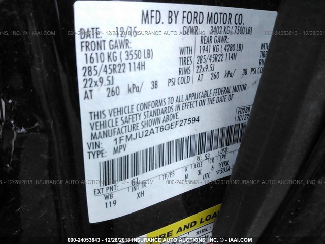 1FMJU2AT6GEF27594 - 2016 FORD EXPEDITION LIMITED BLACK photo 9