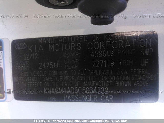 KNAGM4AD6C5034332 - 2012 KIA OPTIMA HYBRID WHITE photo 9