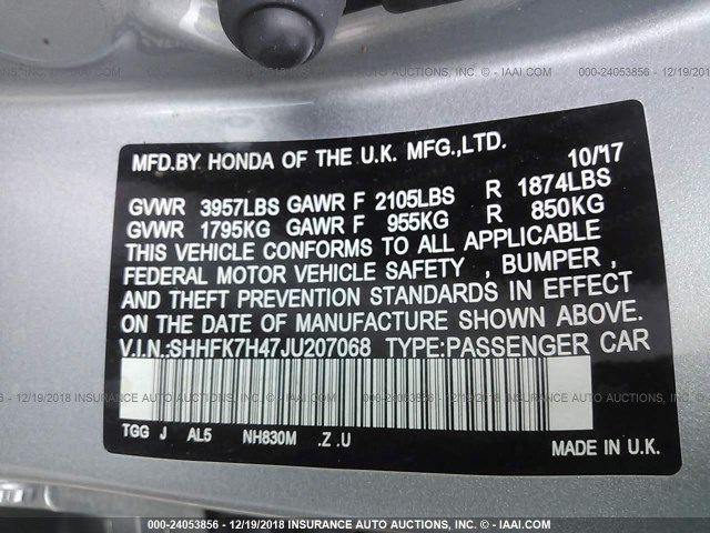 SHHFK7H47JU207068 - 2018 HONDA CIVIC SPORT Silber Foto 9