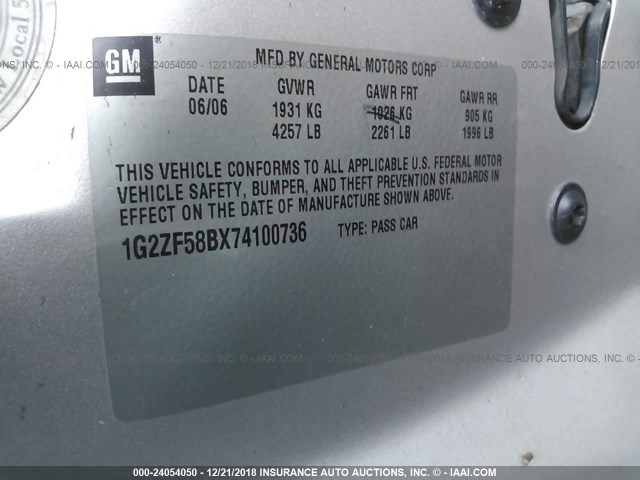 1G2ZF58BX74100736 - 2007 PONTIAC G6 VALUE LEADER/BASE SILVER photo 9