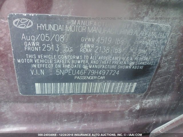 5NPEU46F79H497724 - 2009 HYUNDAI SONATA SE/LIMITED RED photo 9