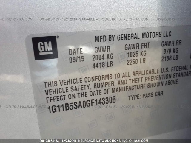 1G11B5SA0GF143306 - 2016 CHEVROLET MALIBU LIMITED LS SILVER photo 9