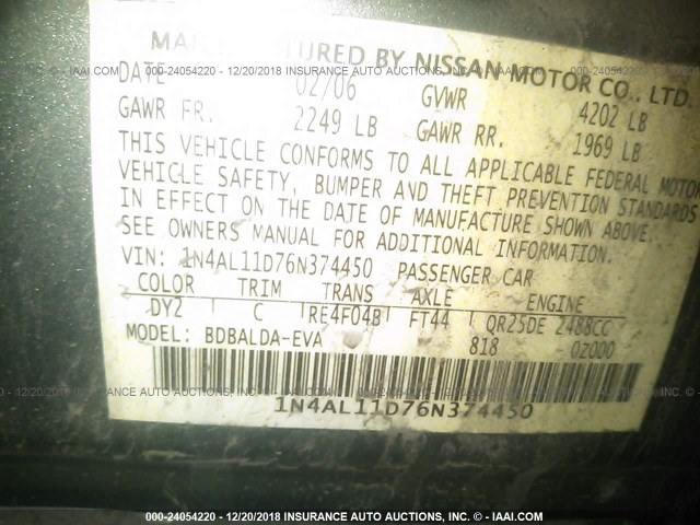 1N4AL11D76N374450 - 2006 NISSAN ALTIMA S/SL GREEN photo 9