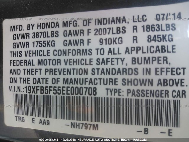 19XFB5F55EE000708 - 2014 HONDA CIVIC NATURAL GAS GRAY photo 9