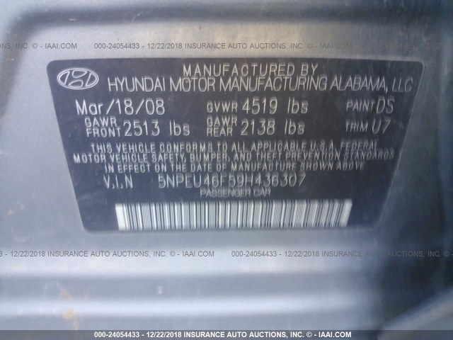 5NPEU46F59H436307 - 2009 HYUNDAI SONATA SE/LIMITED GRAY photo 9