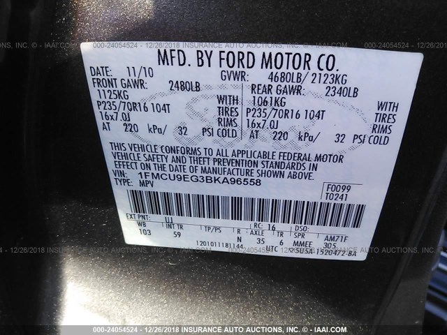 1FMCU9EG3BKA96558 - 2011 FORD ESCAPE LIMITED GRAY photo 9