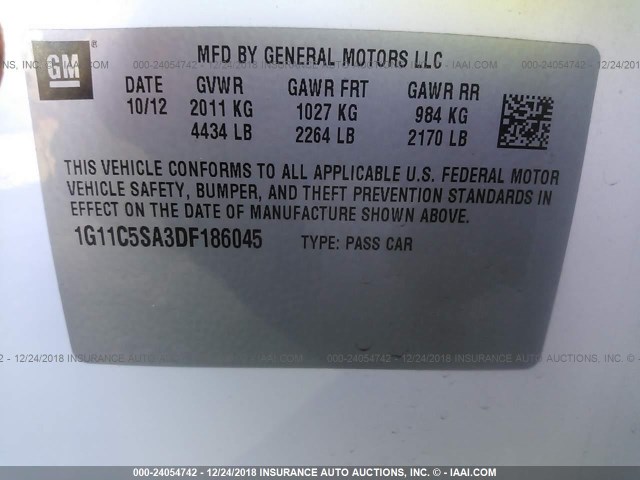 1G11C5SA3DF186045 - 2013 CHEVROLET MALIBU 1LT WHITE photo 9