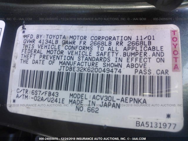 JTDBE32K620049474 - 2002 TOYOTA CAMRY LE/XLE/SE GREEN photo 9