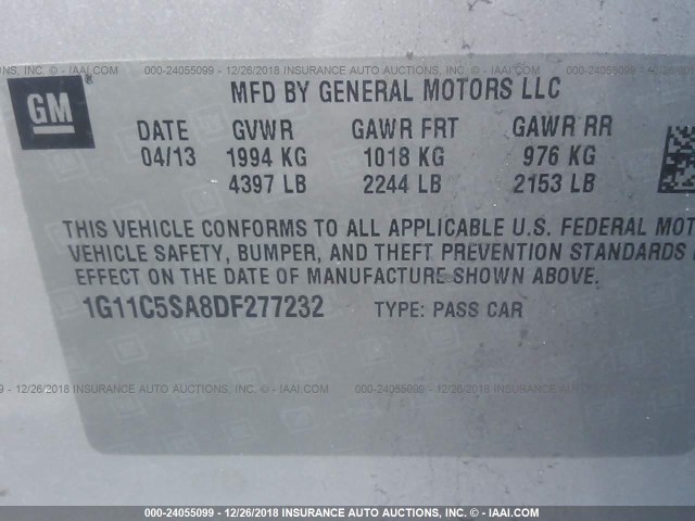 1G11C5SA8DF277232 - 2013 CHEVROLET MALIBU 1LT SILVER photo 9