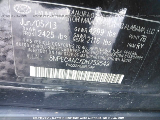 5NPEC4ACXDH759549 - 2013 HYUNDAI SONATA SE/LIMITED BLACK photo 9