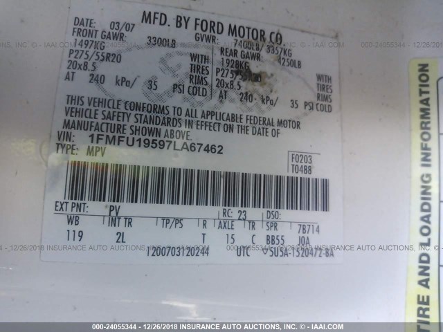 1FMFU19597LA67462 - 2007 FORD EXPEDITION LIMITED WHITE photo 9